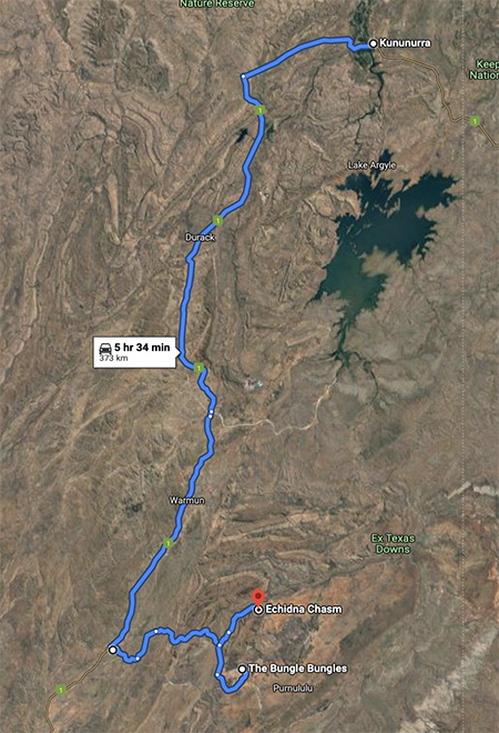Kununurra to Bungle Bungles drive route map Australia