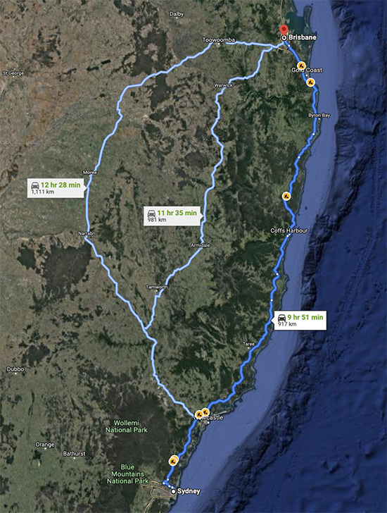 Sydney Brisbane drive route map Australia