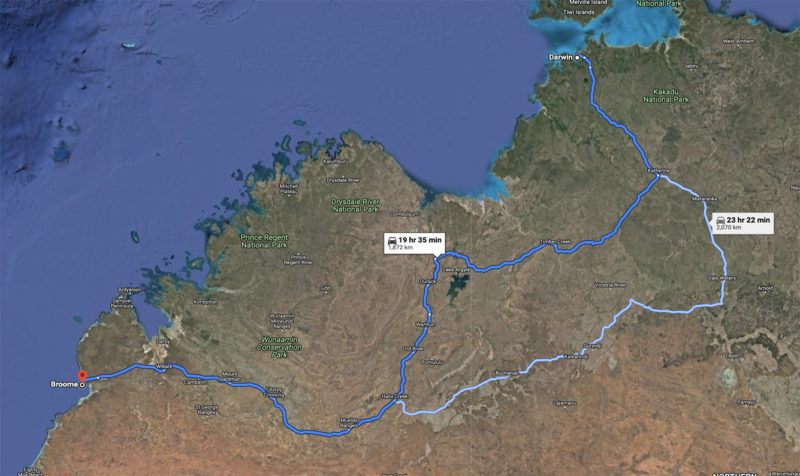 Darwin to Broome drive route map Australia