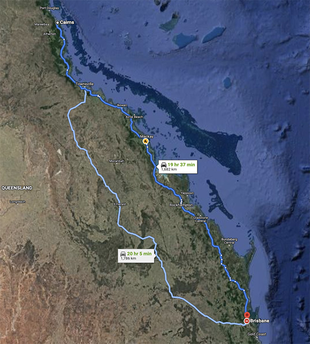 Cairns Brisbane road trip route map Australia