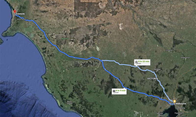 Melbourne to Adelaide drive route map Australia