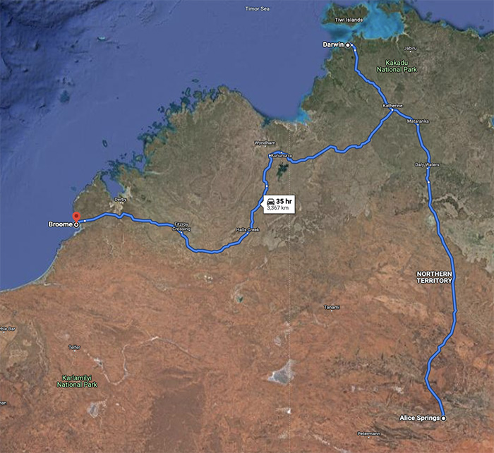 Alice Springs to Darwin to Broome drive route map Australia