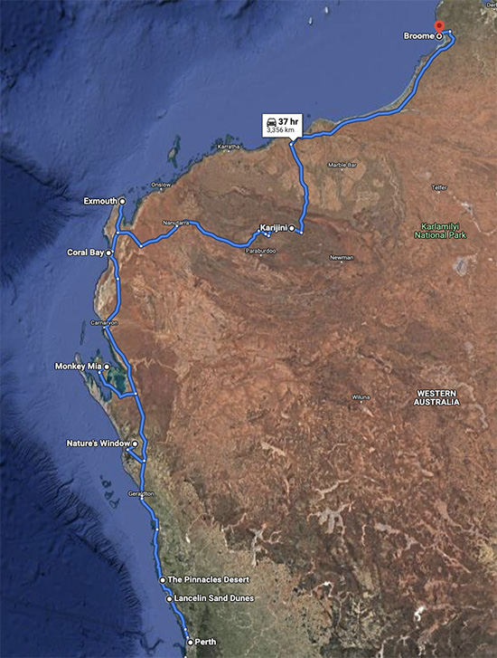 Perth Broome drive route map Australia