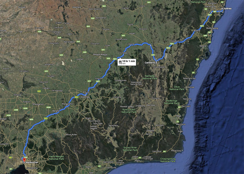Sydney to Canberra to Melbourne drive route map Australia