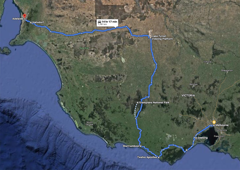 Melbourne to Adelaide drive route map Australia