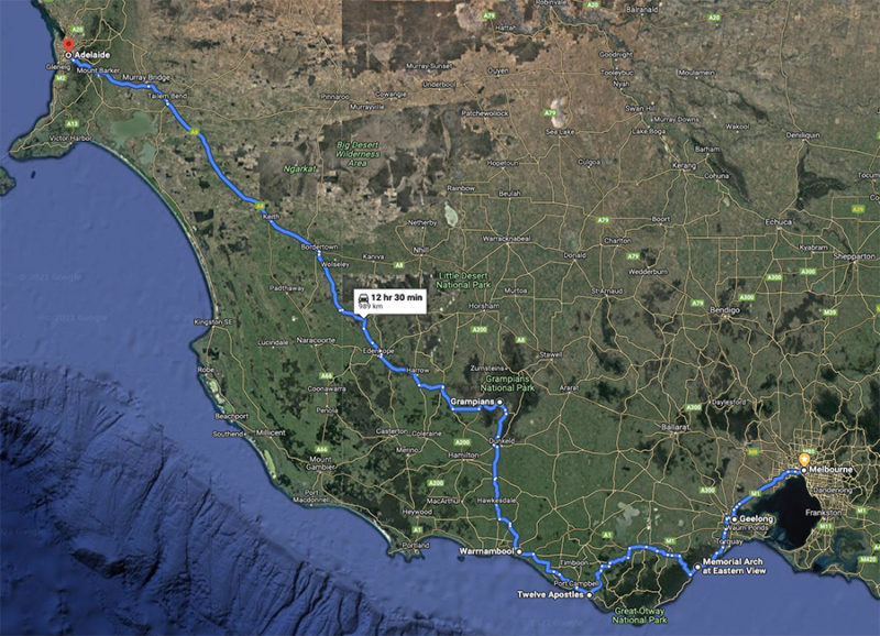 Melbourne Adelaide drive route map Australia