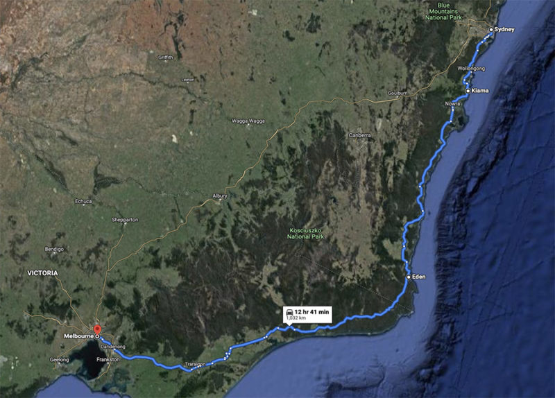 Sydney to Melbourne coastal drive route map Australia
