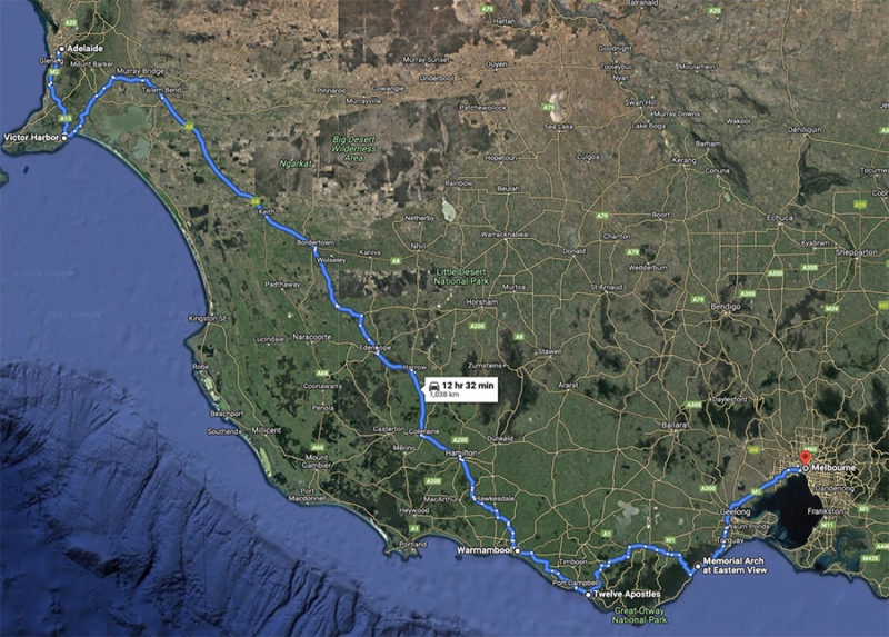 Adelaide Melbourne coastal drive route map Australia