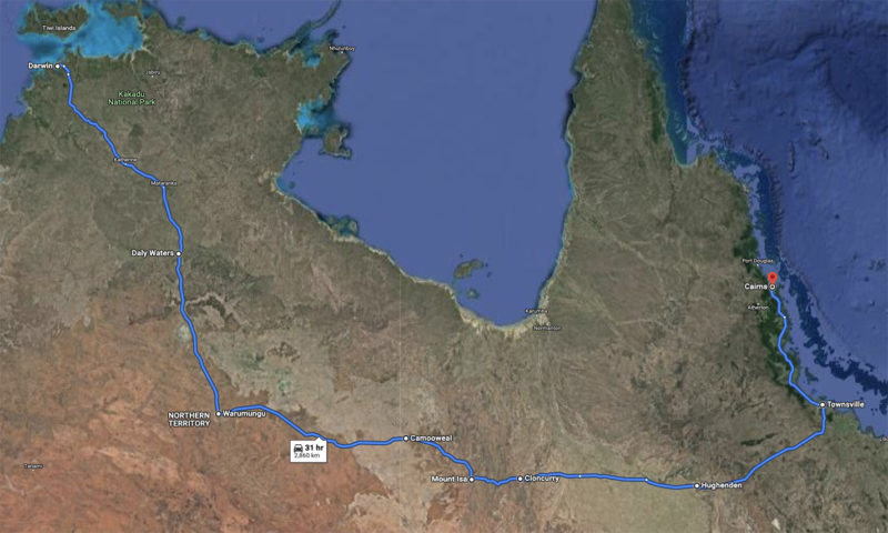 Route from Darwin to Cairns Australia