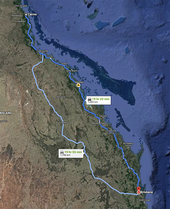 Cairns Brisbane drive route map Australia