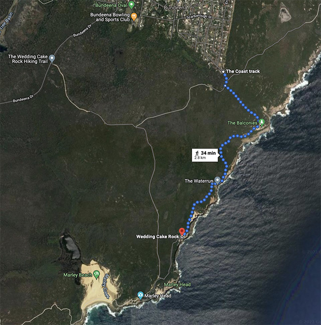 The Route from The Coastal Track to Wedding Cake Rock by walking NSW Australia