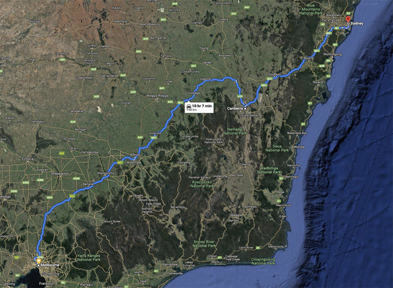 Melbourne Canberra Sydney drive route map Australia