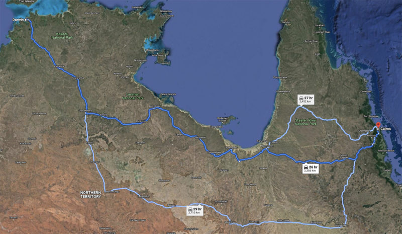 Typical route from Darwin to Cairns Australia