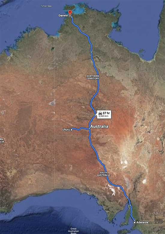 Adelaide Uluru Darwin drive route map Australia
