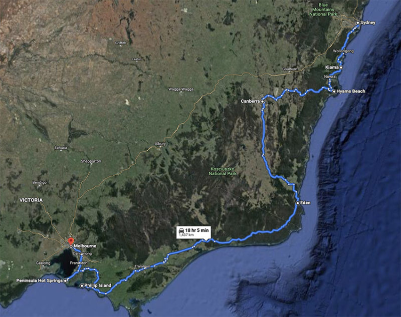 Sydney Canberra Melbourne coastal drive route map Australia