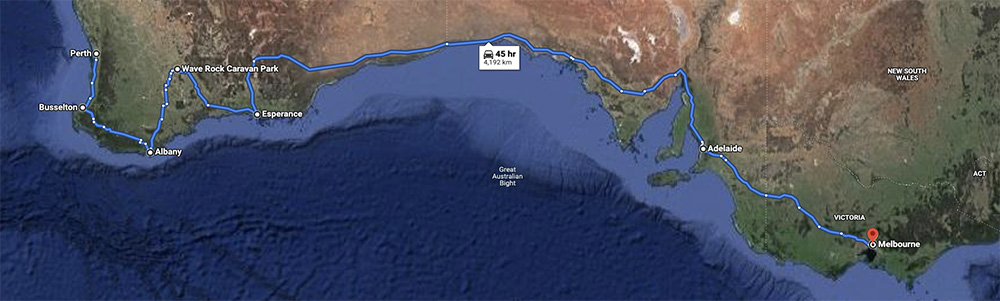 Perth to Melbourne drive route map Australia