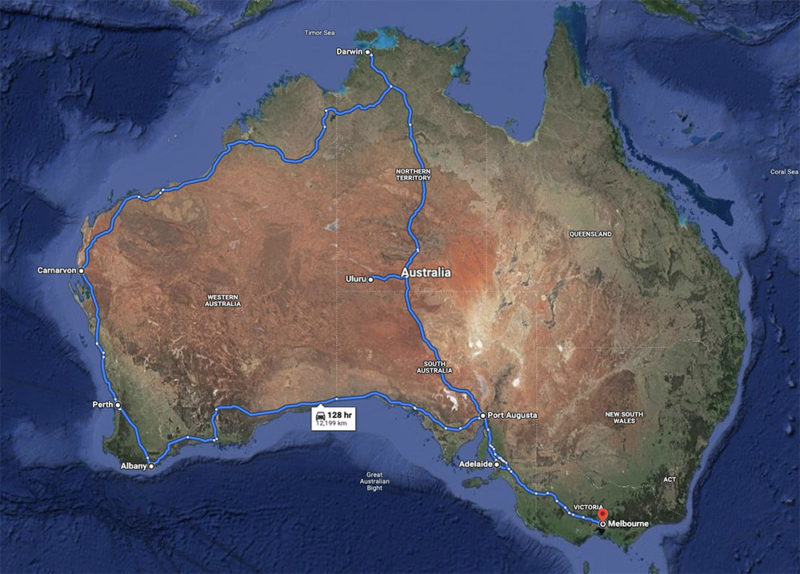 Road trip around Australia 4 weeks drive route map Australia
