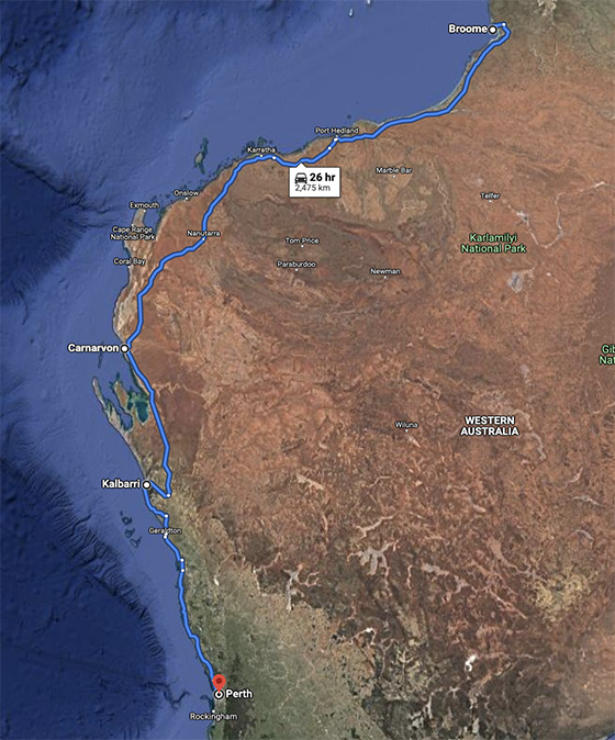 Broome to Perth road trip drive route map Australia