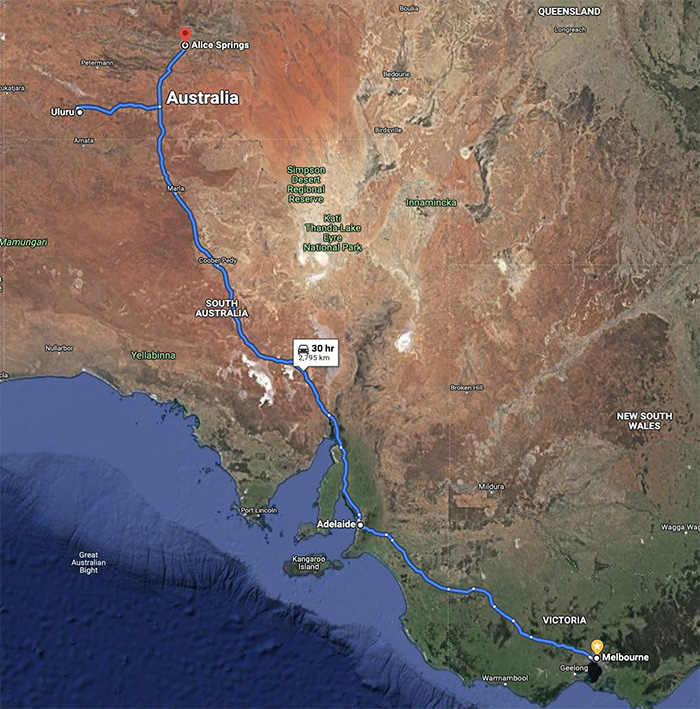 Melbourne to Alice Springs drive route map Australia