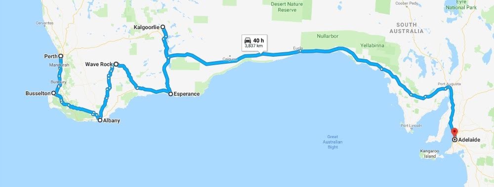 Route of Perth to Adelaide road trip Australia