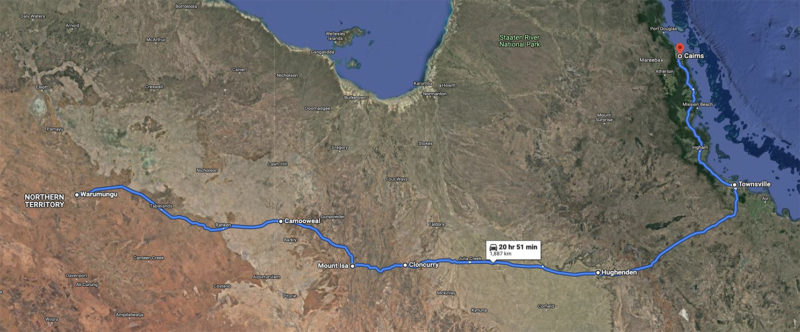 Drive to Cairns from border of Northern Territory Australia