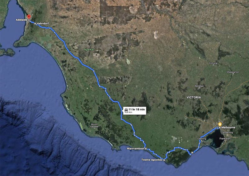 Melbourne to Adelaide drive route map Australia