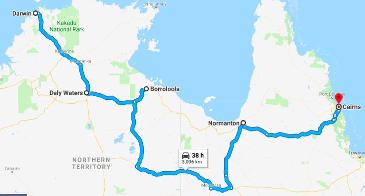 Route from Darwin to Cairns Australia